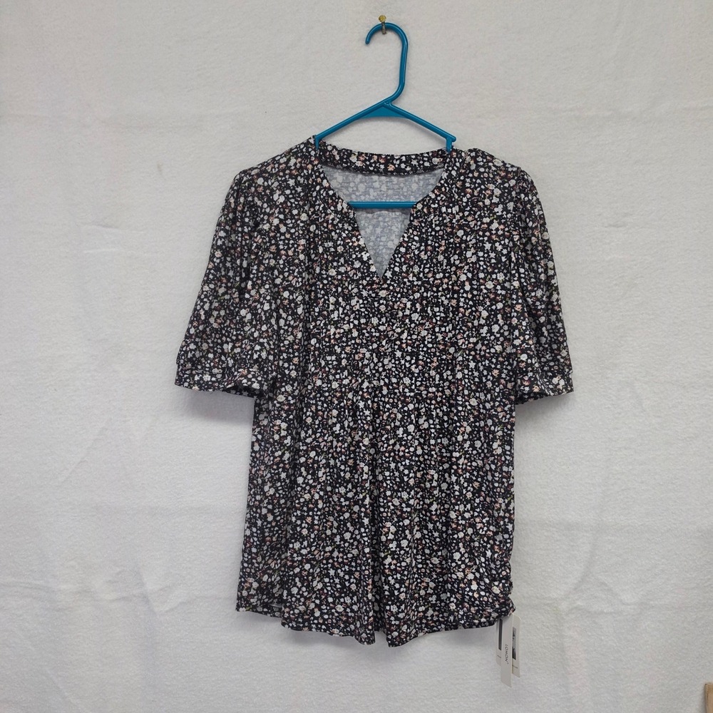 *NWT* LOMON Women Floral V Neck Pleated Blouse Short Puff Sleeve Top Black Large